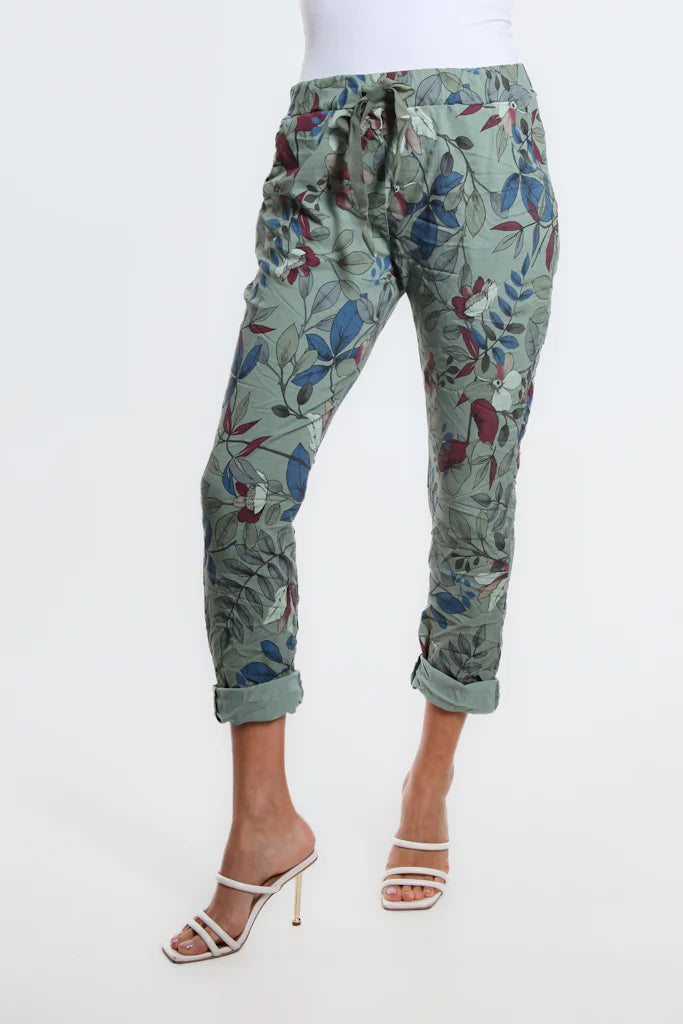 Collins Lovely Leaves Stretch Tie Waist Pant - Tees By Tina