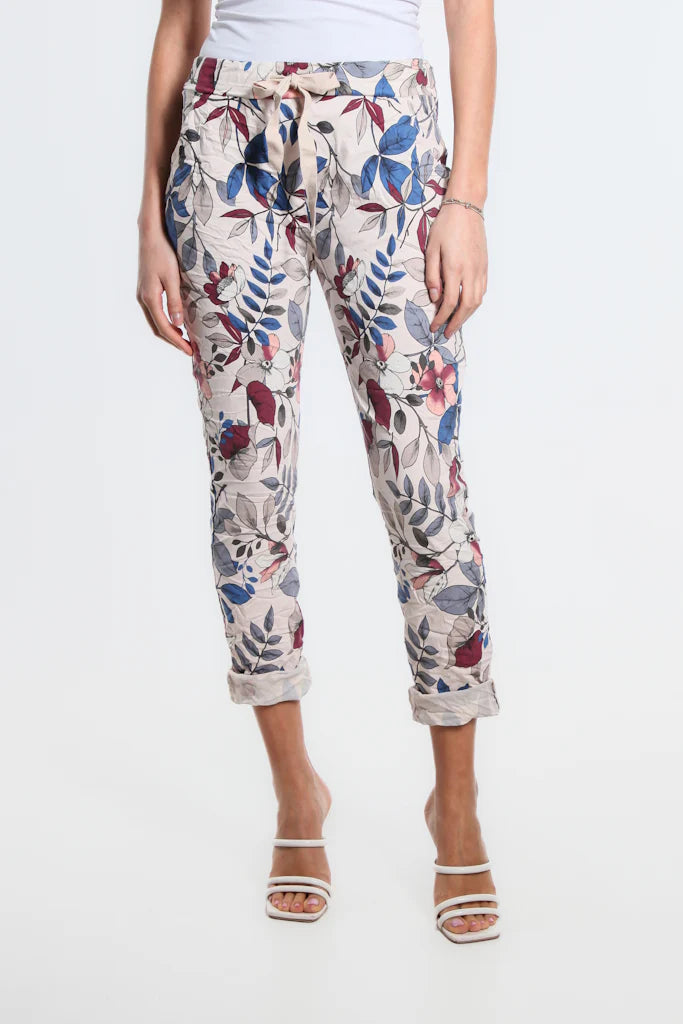 Collins Lovely Leaves Stretch Tie Waist Pant - Tees By Tina