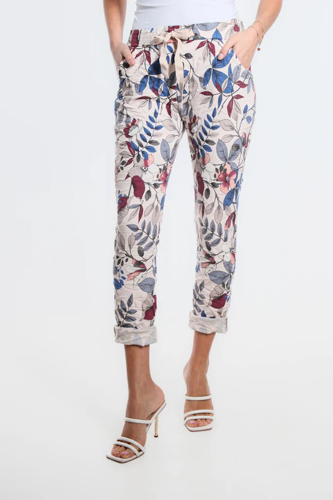 Collins Lovely Leaves Stretch Tie Waist Pant - Tees By Tina