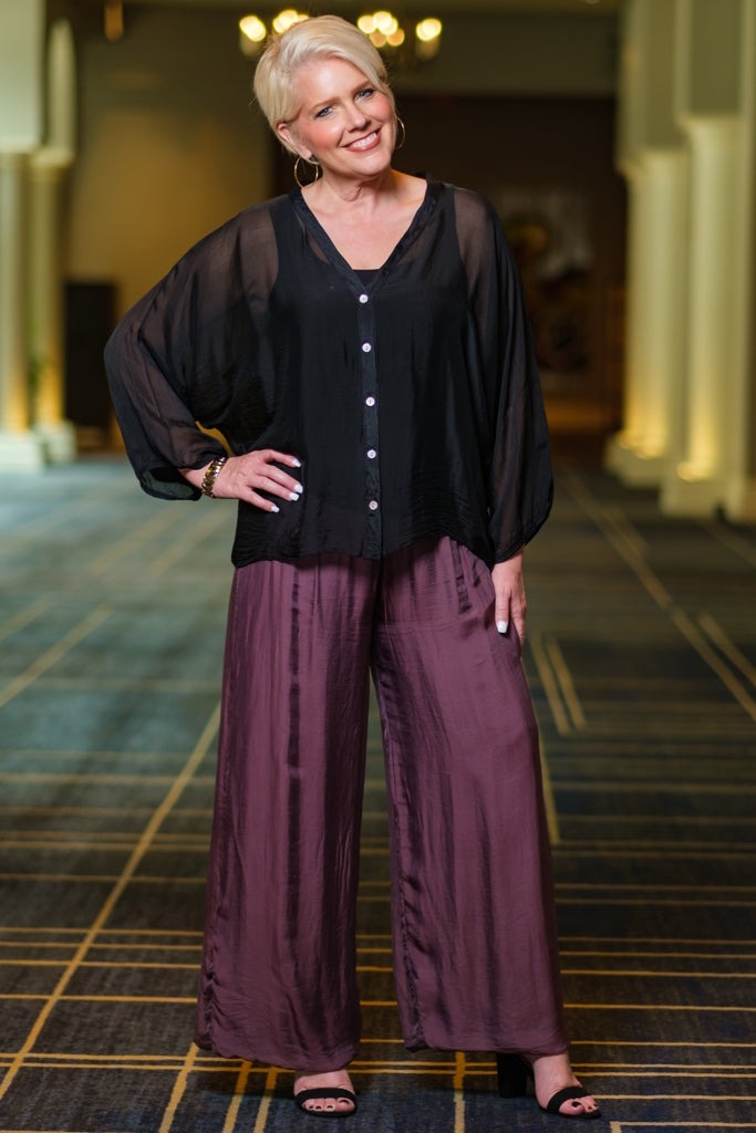 Mercedes Foldover Waist Silk Pant - Purple - Tees By Tina
