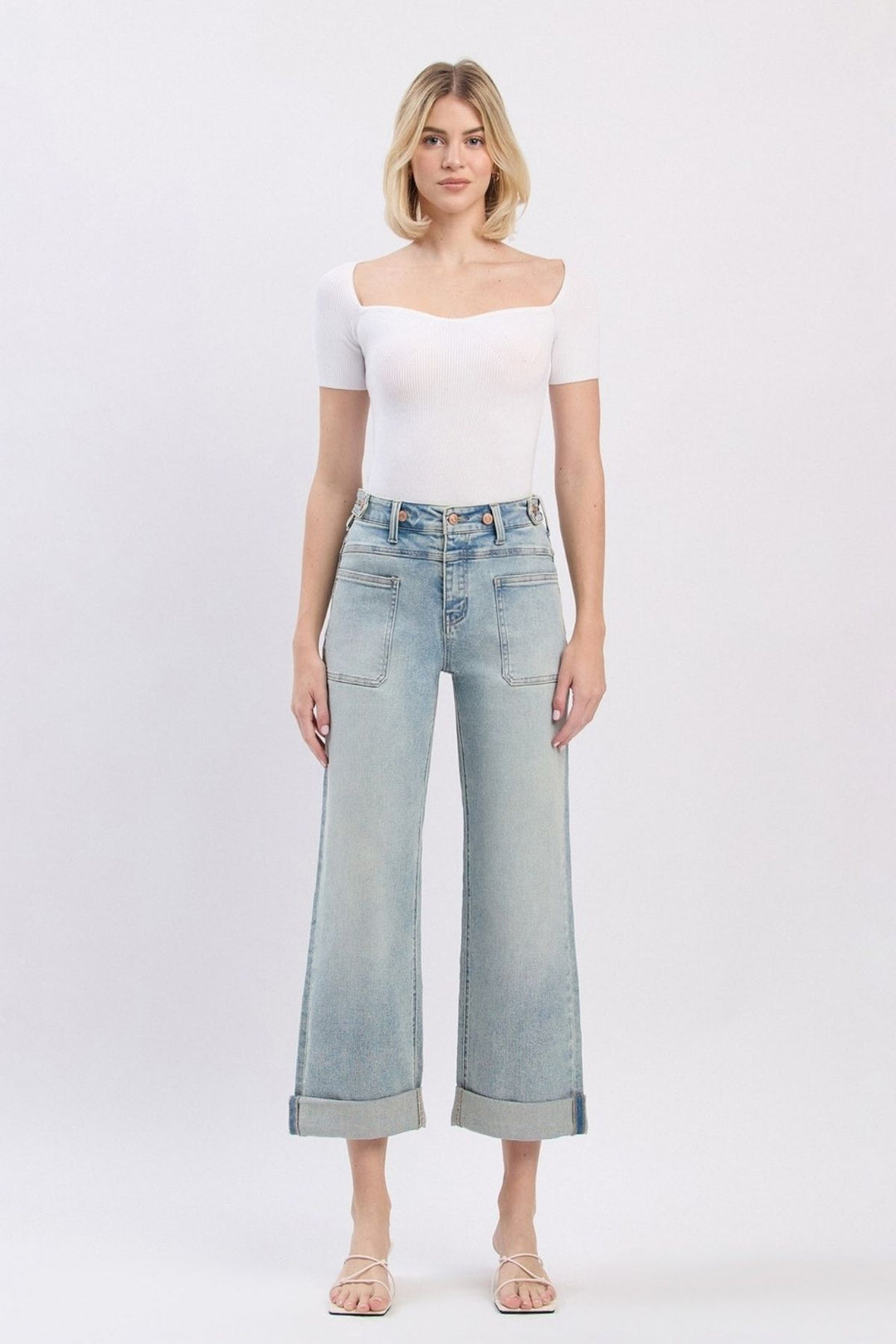 Super High Rise Tab Waistband Cuff Slim Wide Jeans - Commisioner