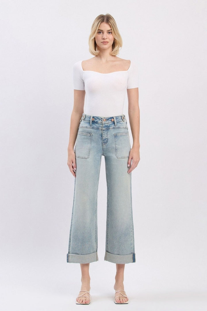 Super High Rise Tab Waistband Cuff Slim Wide Jeans - Commisioner