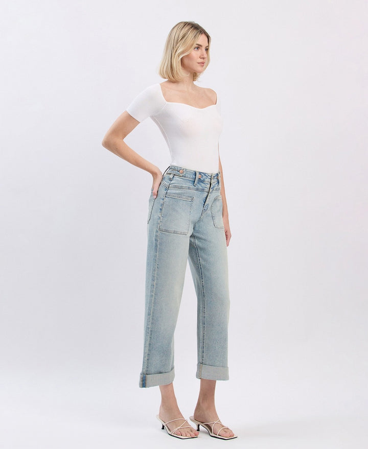 Super High Rise Tab Waistband Cuff Slim Wide Jeans - Commisioner