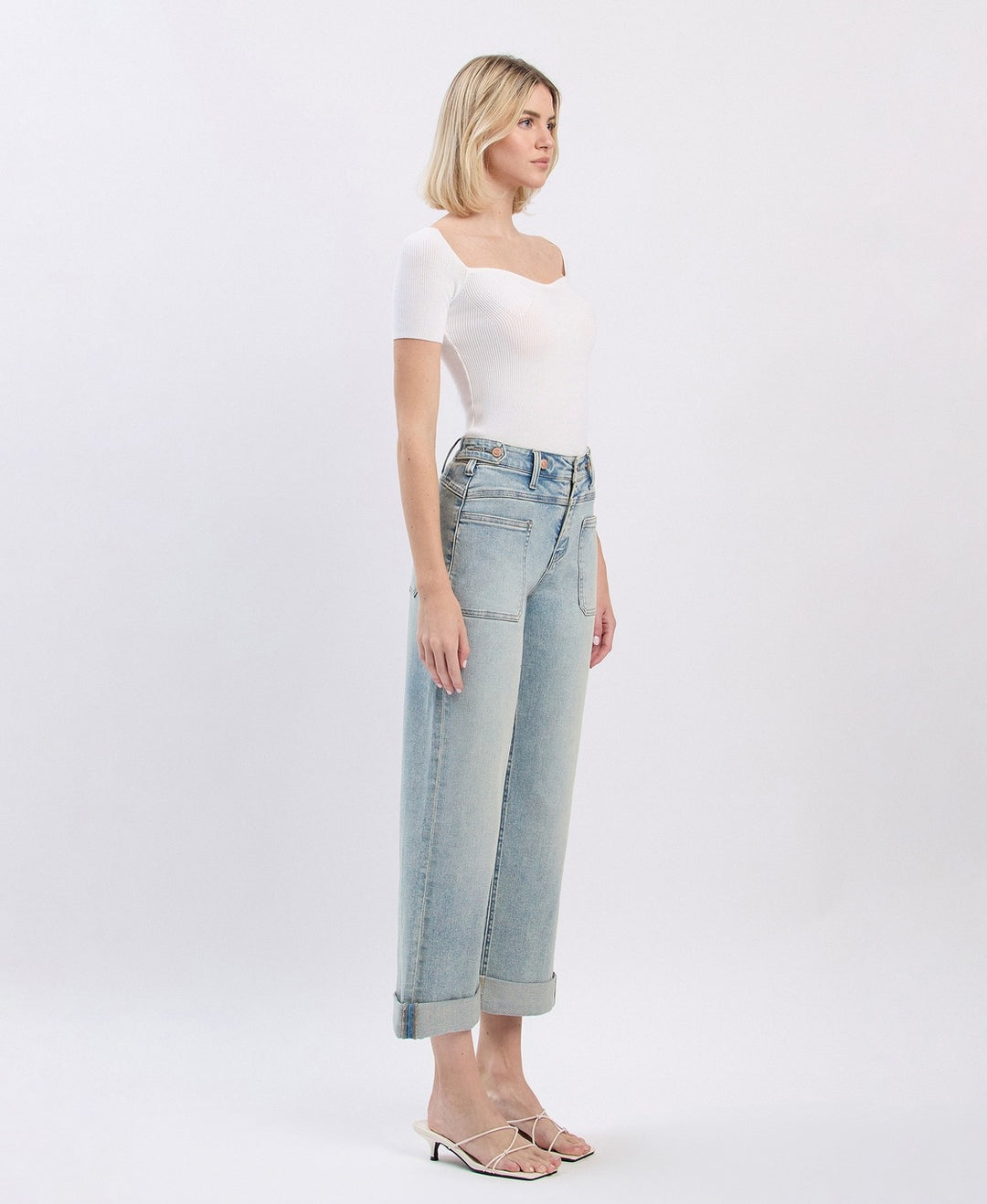 Super High Rise Tab Waistband Cuff Slim Wide Jeans - Commisioner