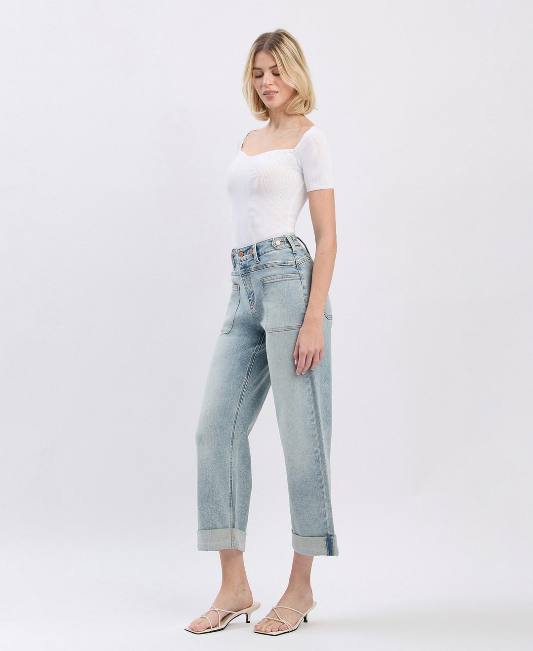 Super High Rise Tab Waistband Cuff Slim Wide Jeans - Commisioner