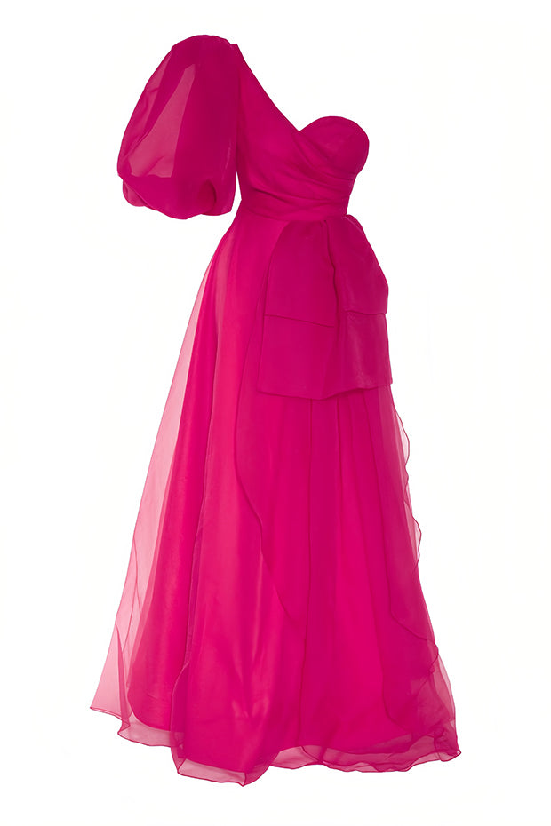 Tulle Single Sleeve Maxi Dress - Fuchsia