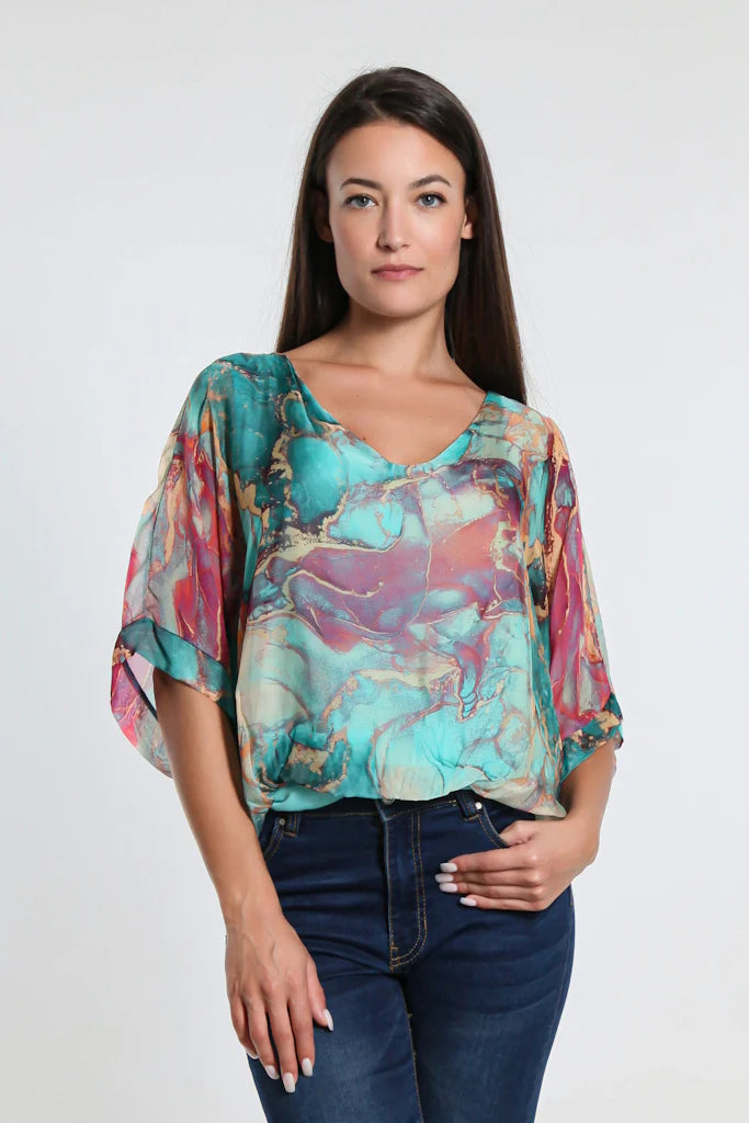 Abella Marble Band Waist Top - Tiffany Blue - Tees By Tina