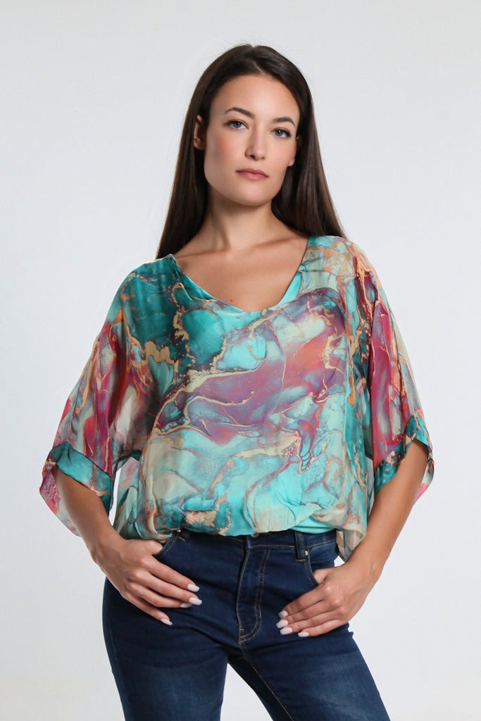 Abella Marble Band Waist Top - Tiffany Blue - Tees By Tina