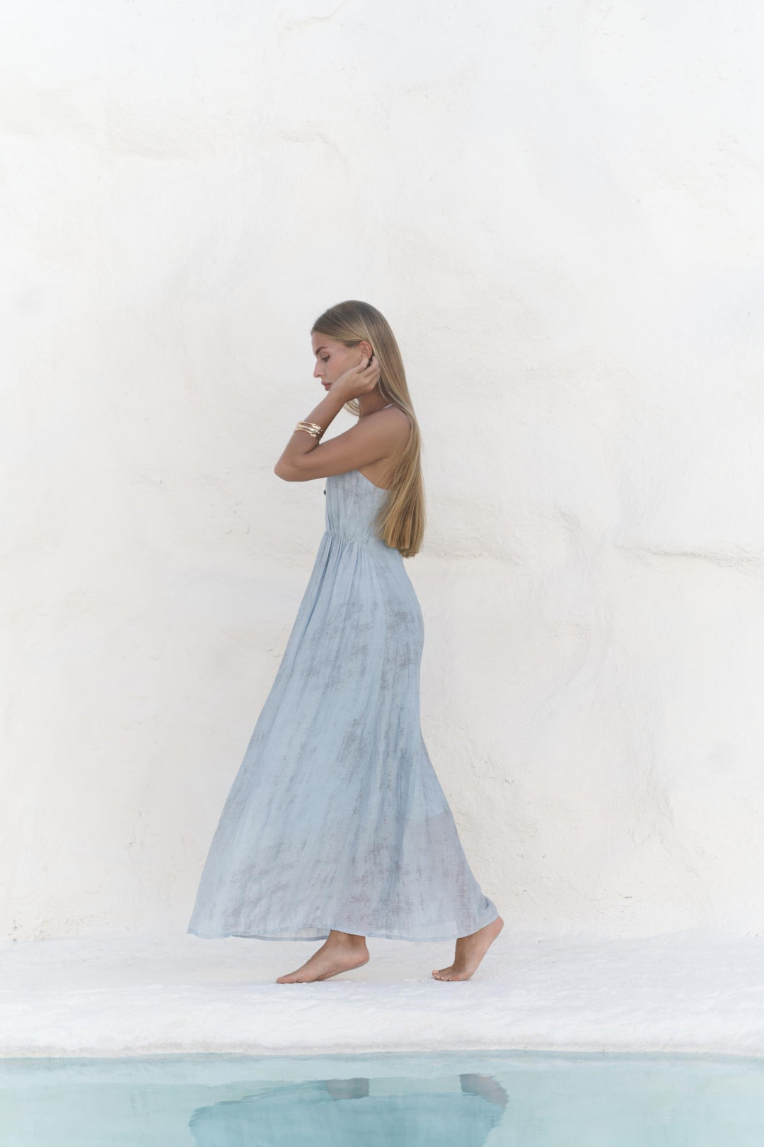 Zephyra Wooden Detail Long Dress - Light Blue