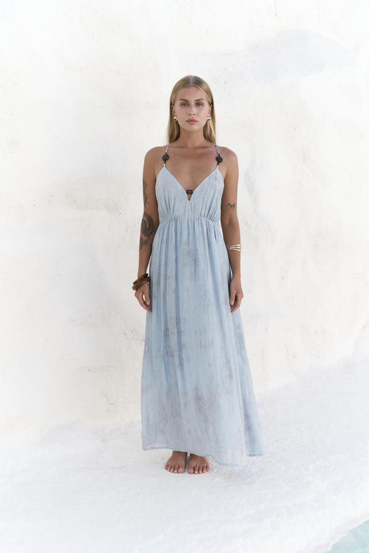 Zephyra Wooden Detail Long Dress - Light Blue