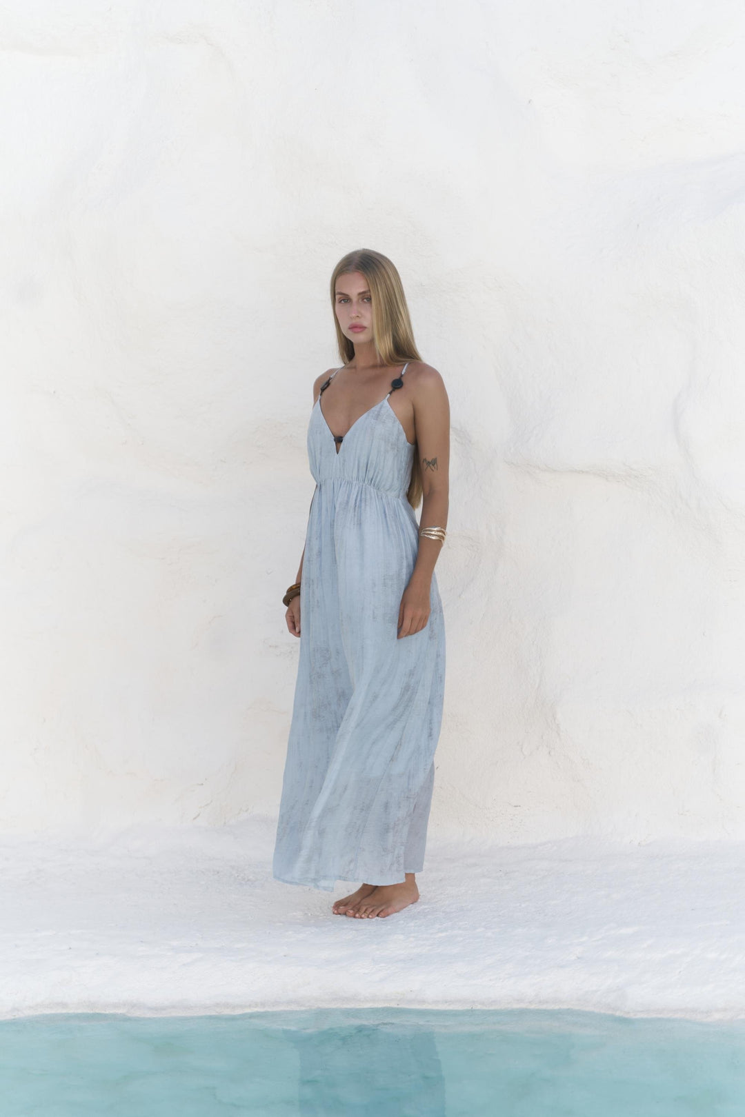 Zephyra Wooden Detail Long Dress - Light Blue