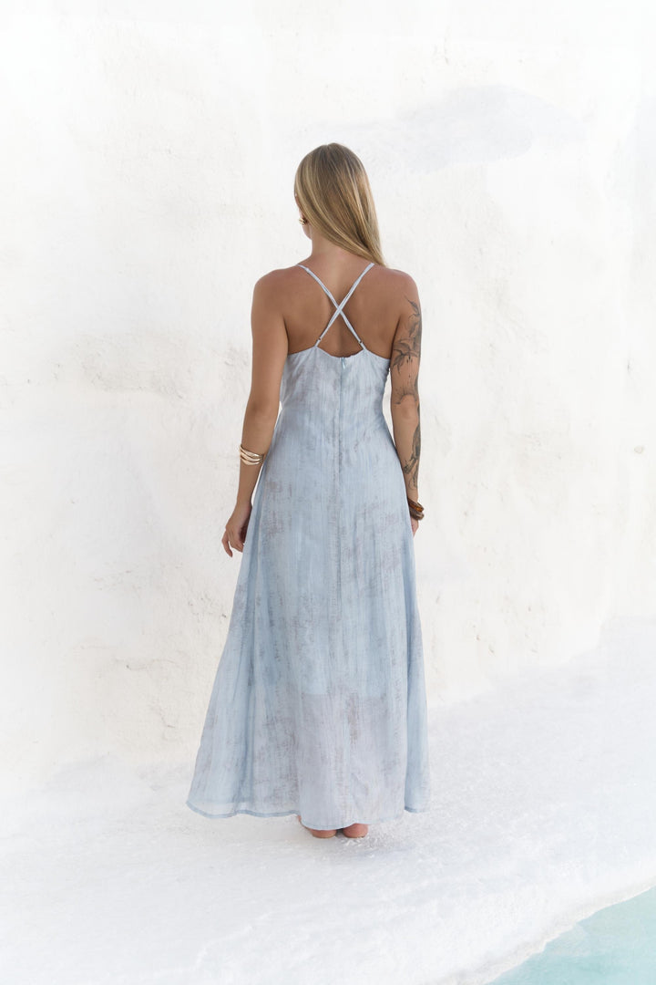 Zephyra Wooden Detail Long Dress - Light Blue