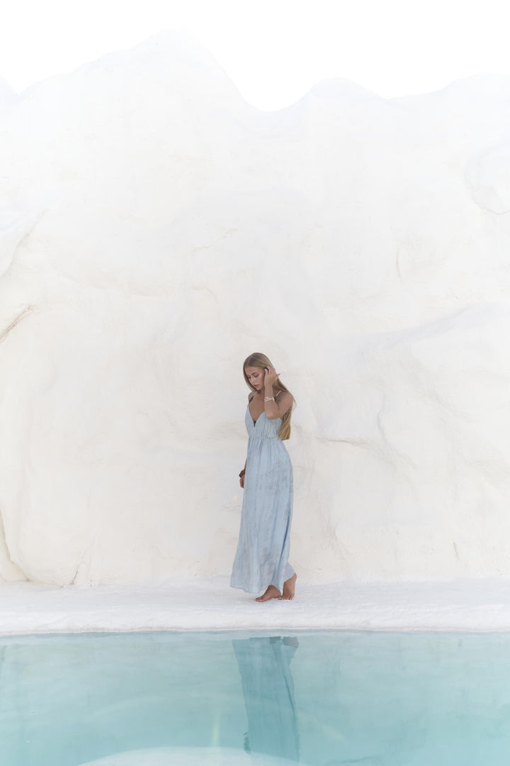 Zephyra Wooden Detail Long Dress - Light Blue