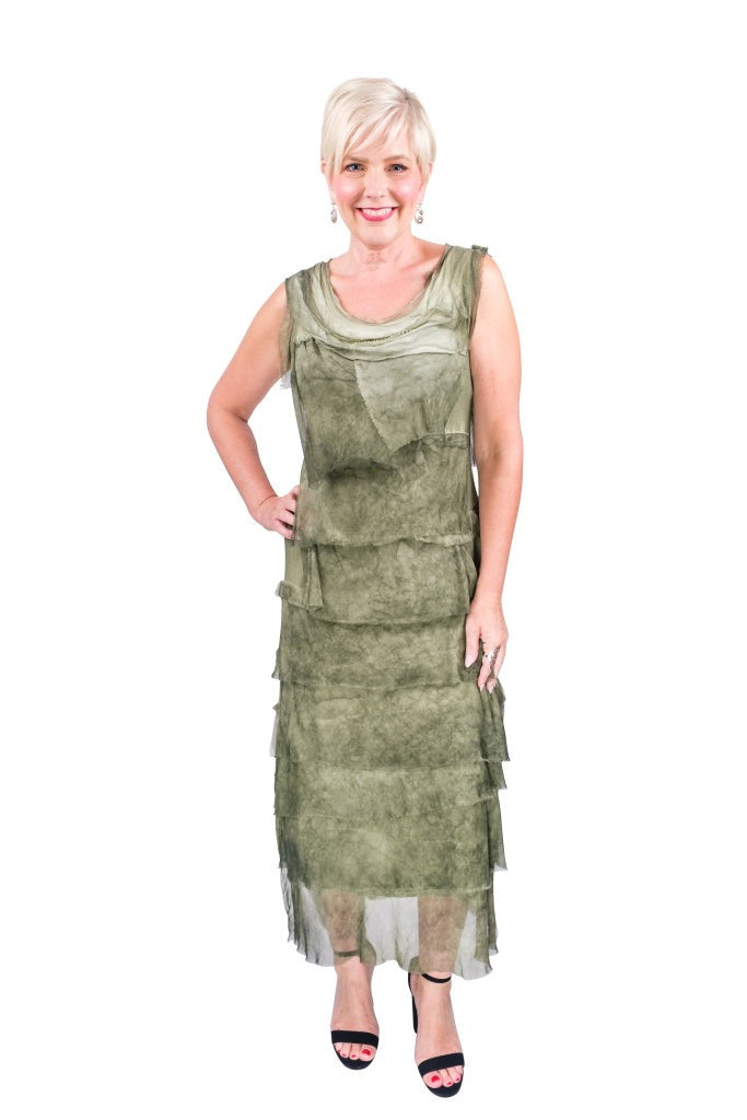 Army green silk maxi dress featuring scoop neckline, layered ruffles, and relaxed flowy fit