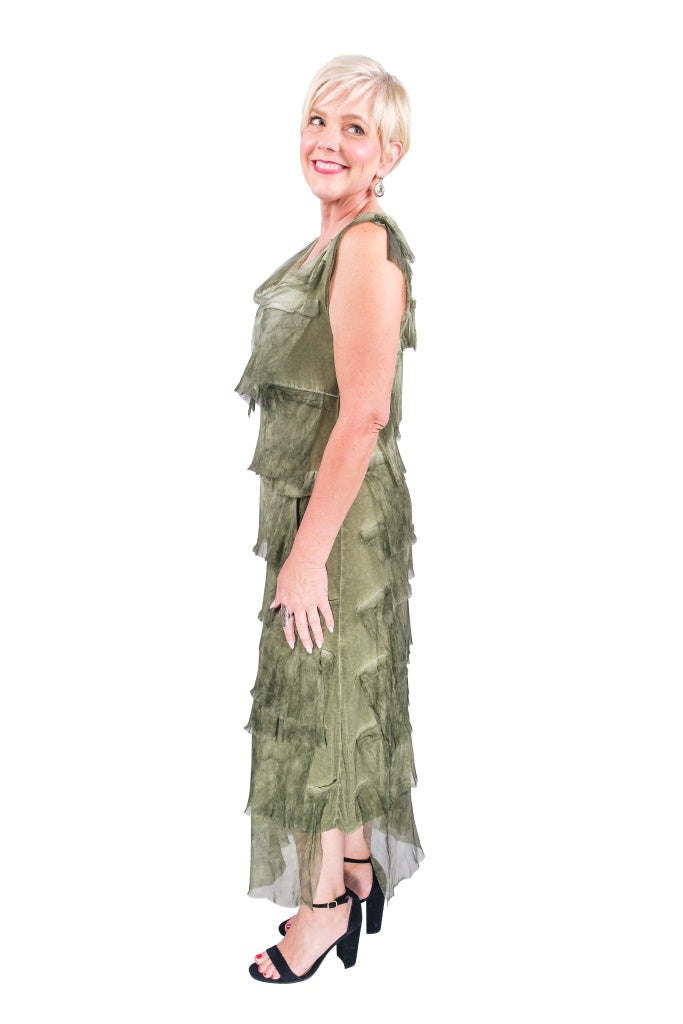 Side view of army green silk maxi dress with cascading ruffle layers and breezy movement