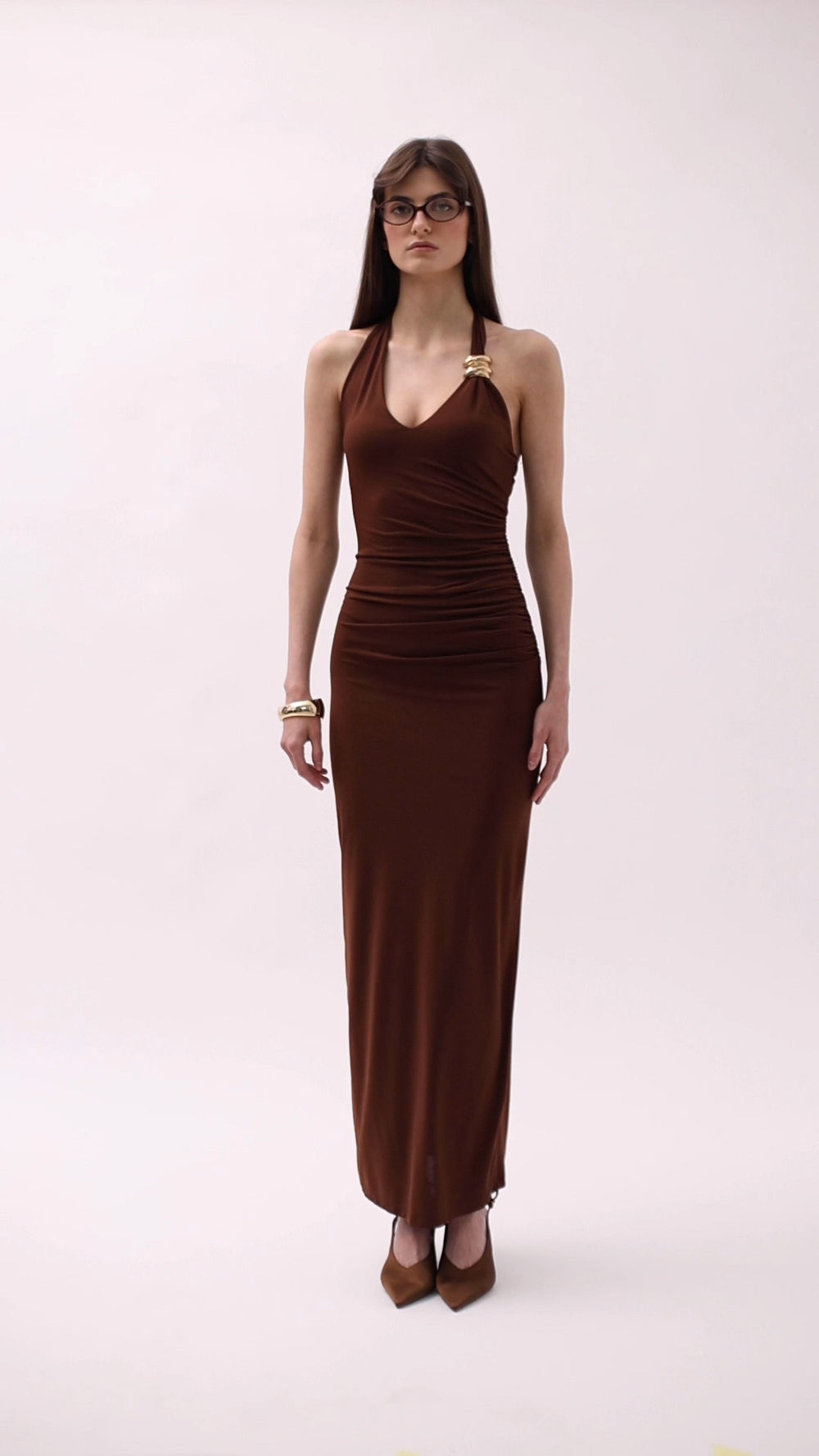 Side view of mocha midi dress with gathered waist and flattering A-line silhouette