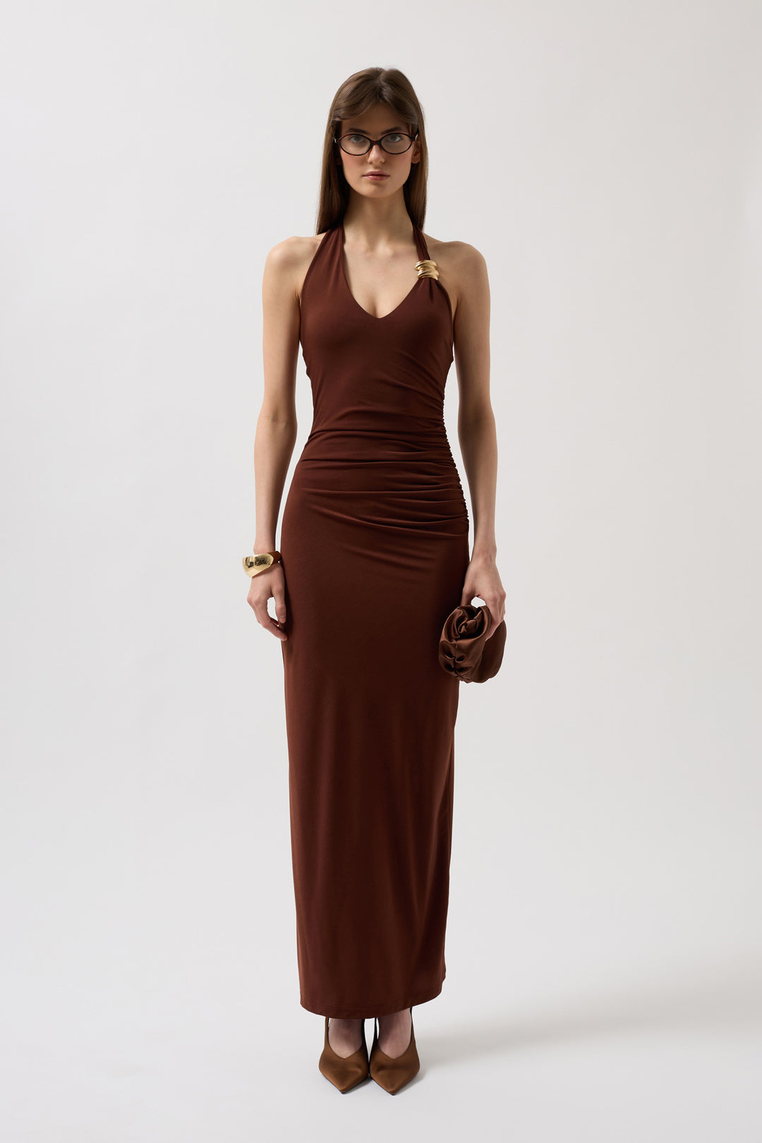 Chic summer outfit featuring mocha mousse Anabel dress styled with sandals and gold accessories