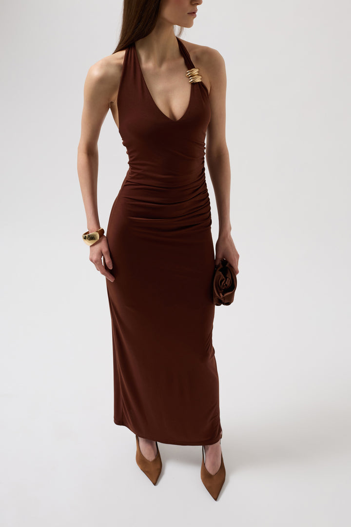 Close-up of mocha mousse viscose blend fabric with soft texture and lightweight drape