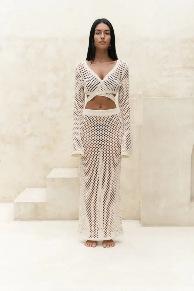 perforated knit long sleeve crop top with matching midi skirt