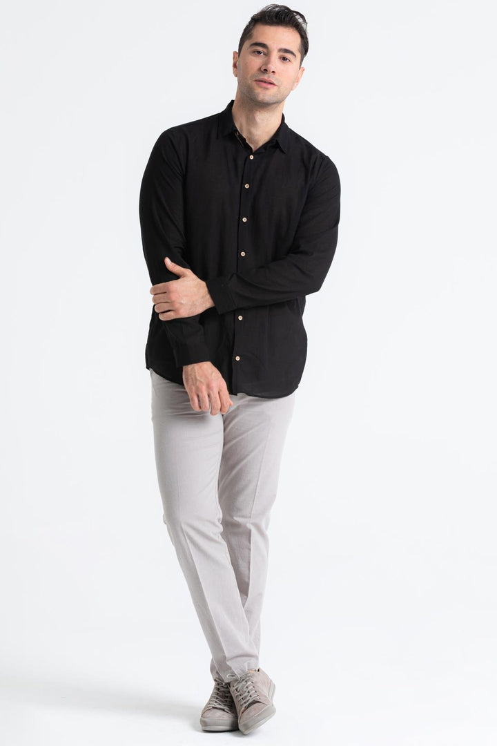 Men - Black Poplin Long Sleeve Shirt