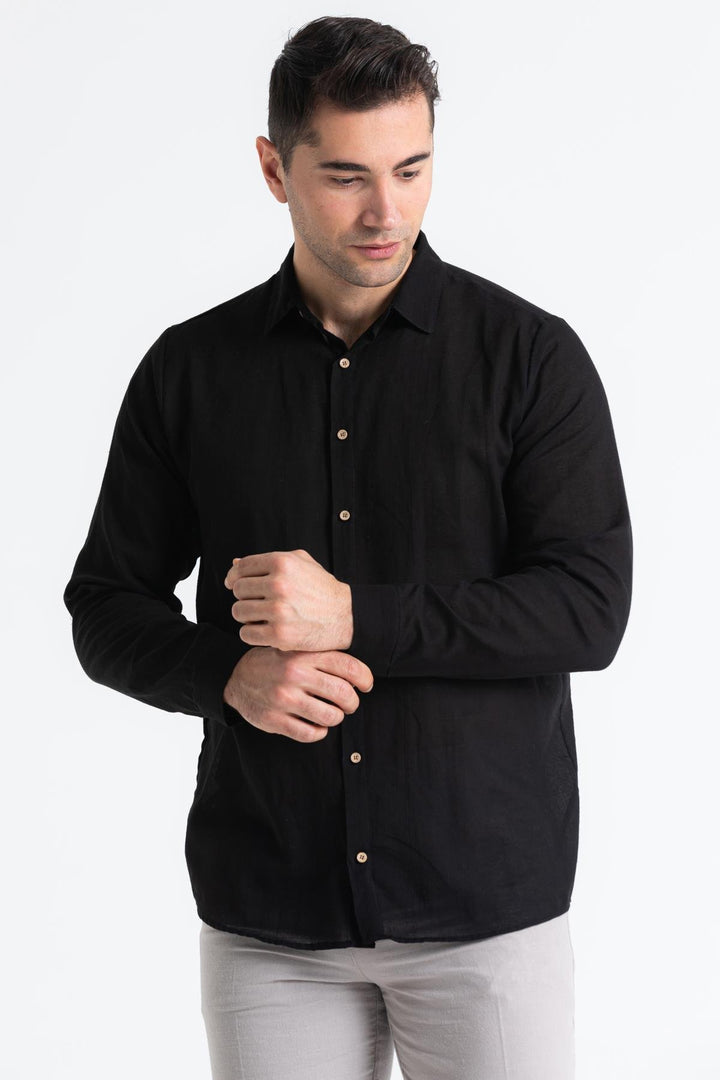 Men - Black Poplin Long Sleeve Shirt