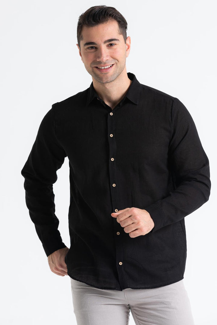 Men - Black Poplin Long Sleeve Shirt