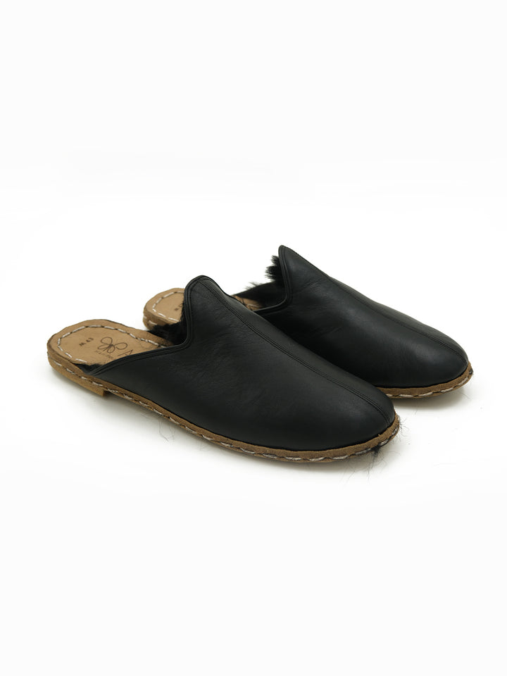 Men's Midnight Black Shearling Flat Mule - Leather