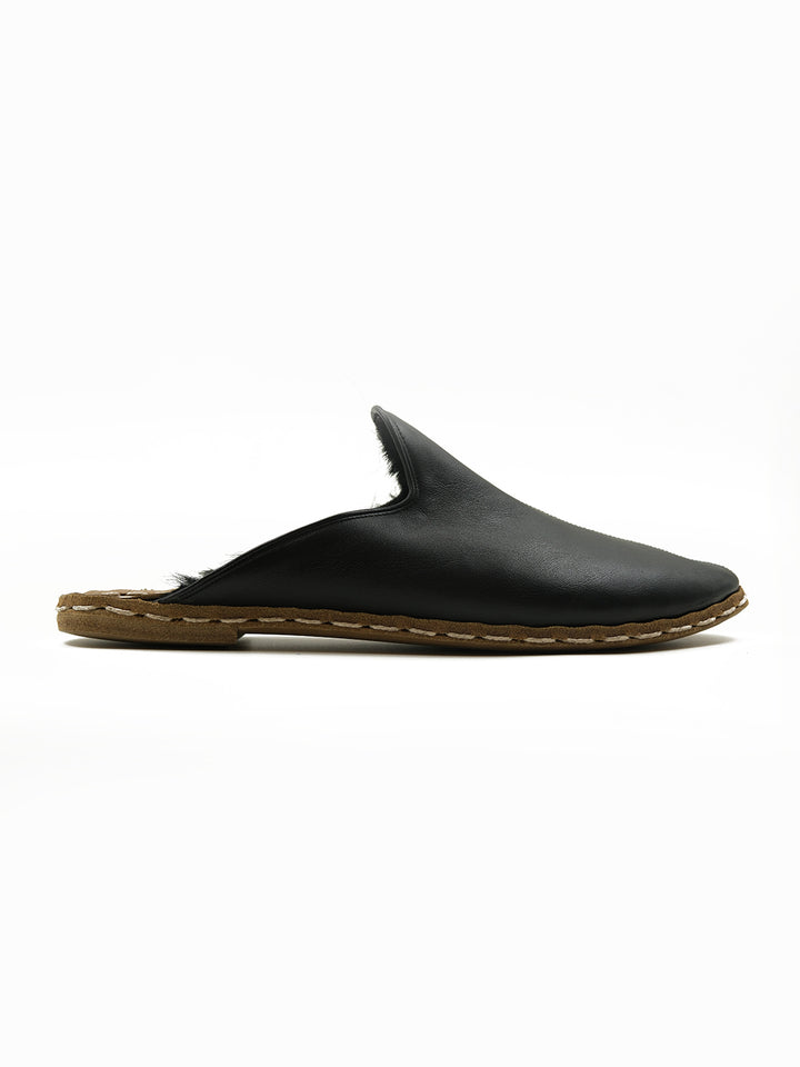 Men's Midnight Black Shearling Flat Mule - Leather