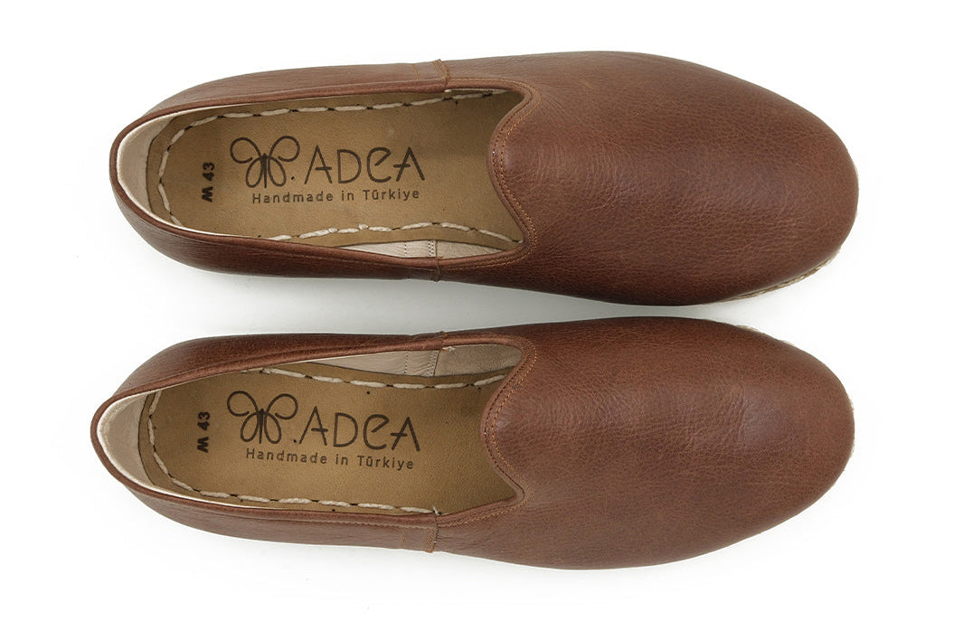 Top view of men's handmade walnut brown leather slip-on shoes by ADEA​