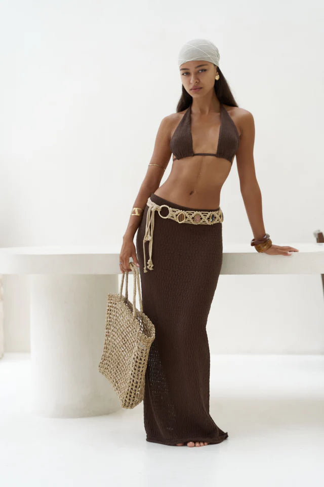 brown knit two piece crop top and maxi skirt set