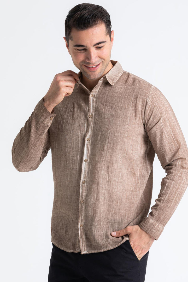 Men - Brown Poplin Long Sleeve Shirt