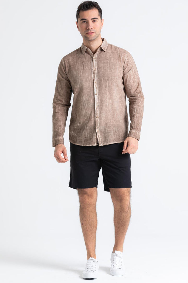 Men - Brown Poplin Long Sleeve Shirt