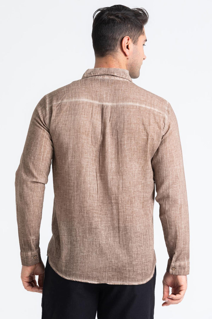 Men - Brown Poplin Long Sleeve Shirt