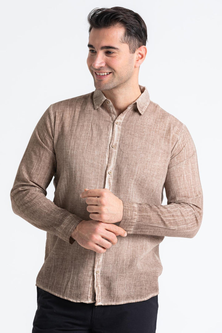 Men - Brown Poplin Long Sleeve Shirt