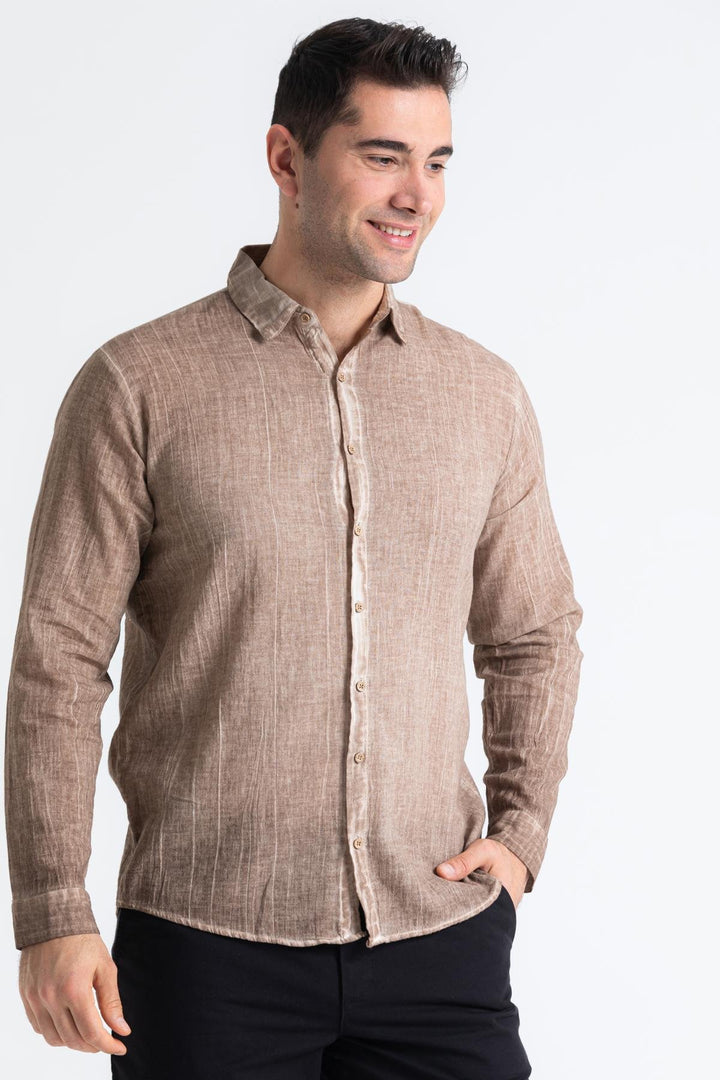 Men - Brown Poplin Long Sleeve Shirt