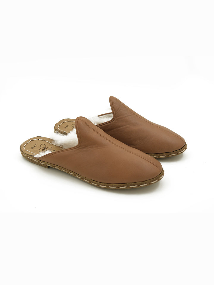 Women's Lion Brown Shearling Flat Mule - Leather