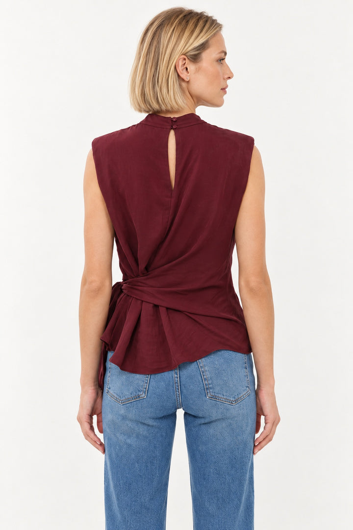 Vino Padded Shoulder Draped Sleeveless Fall Blouse