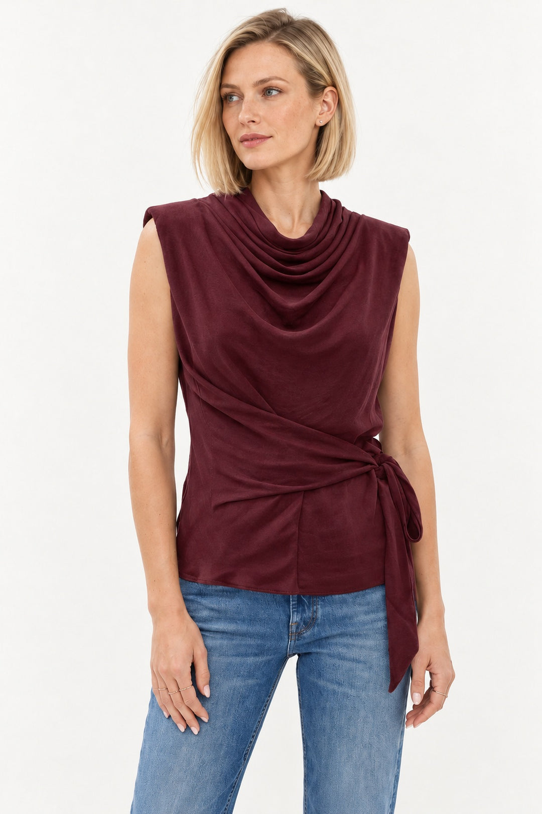 Vino Padded Shoulder Draped Sleeveless Fall Blouse