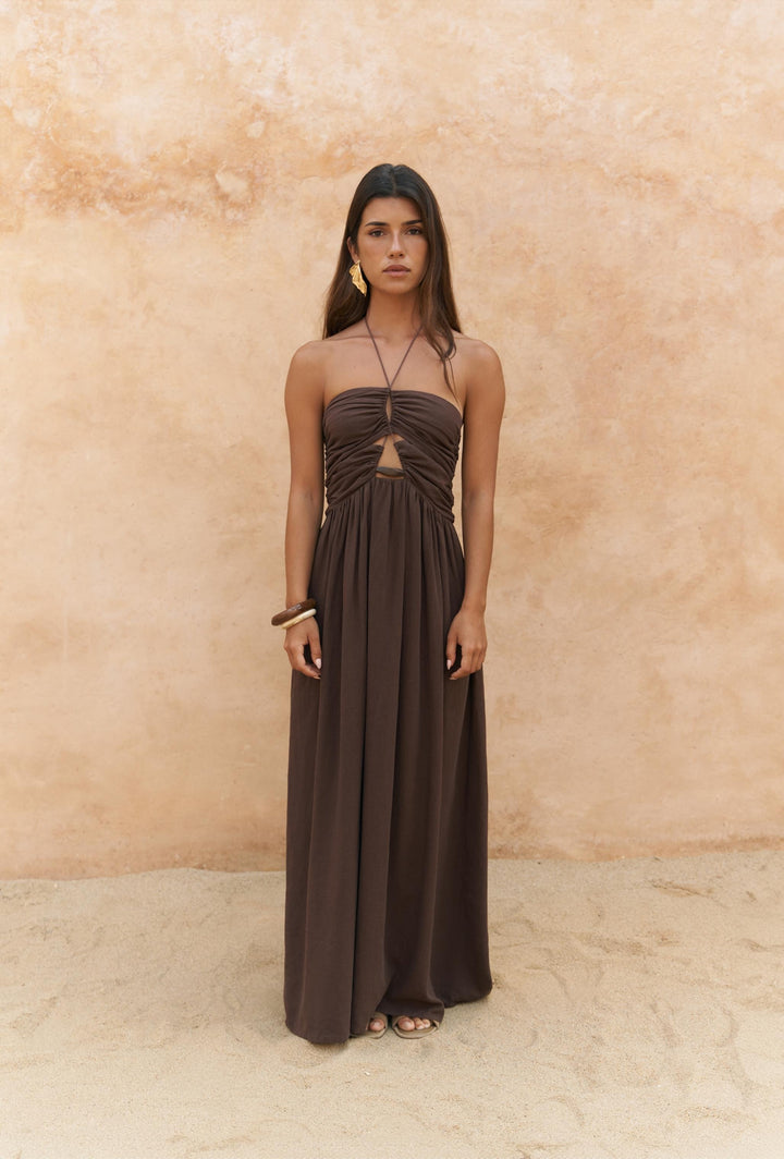 Dalia Linen Beading Detail Dress -Espresso Brown