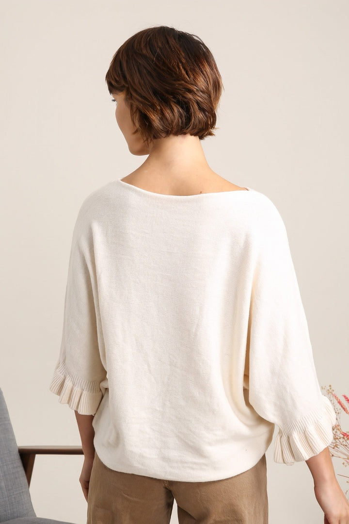 Person wearing a white blouse with a neutral background