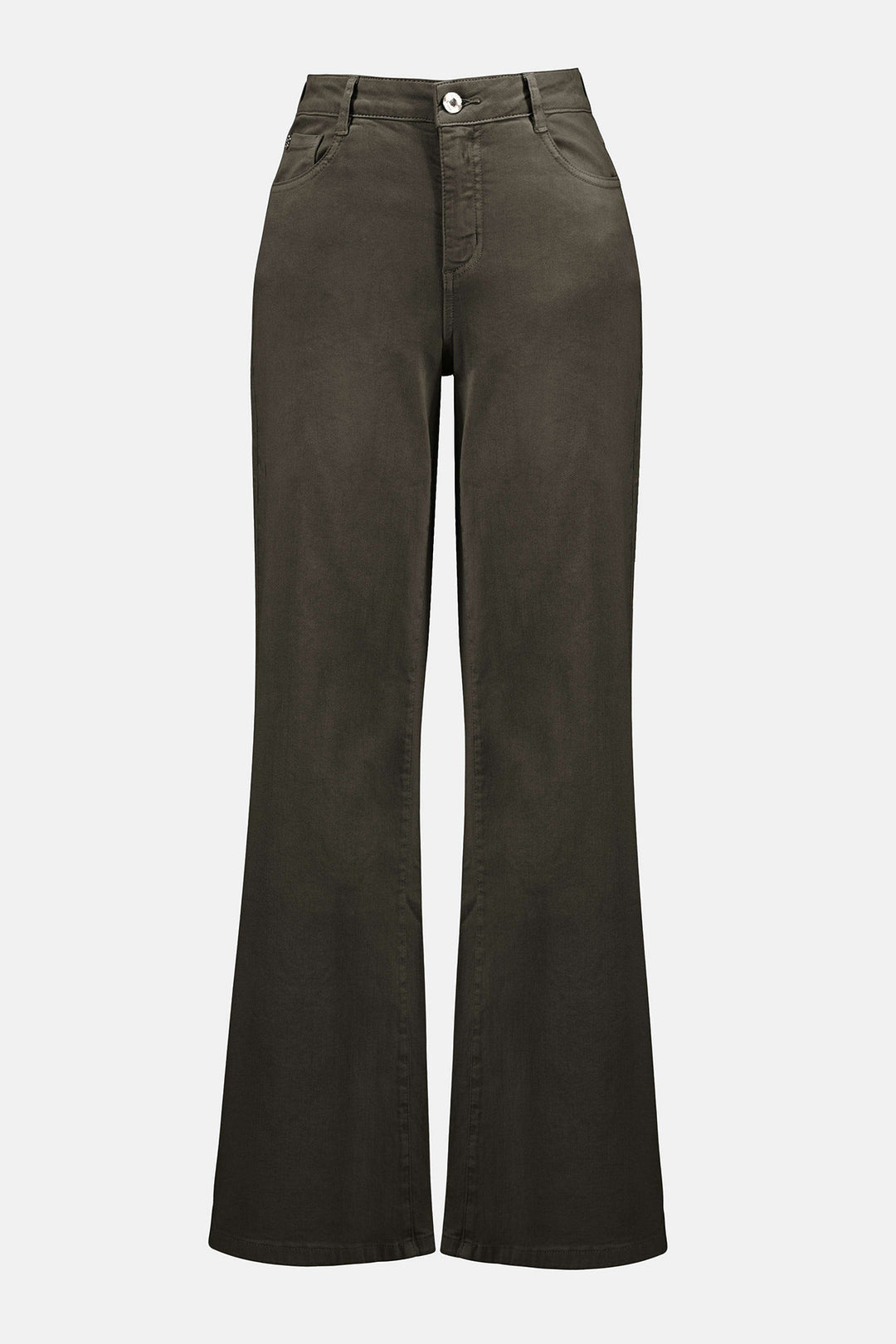 Dark green flared jeans on a light gray background