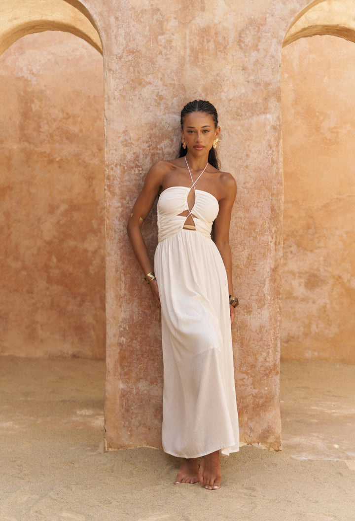 Dalia Linen Beading Detail Dress - Ecru