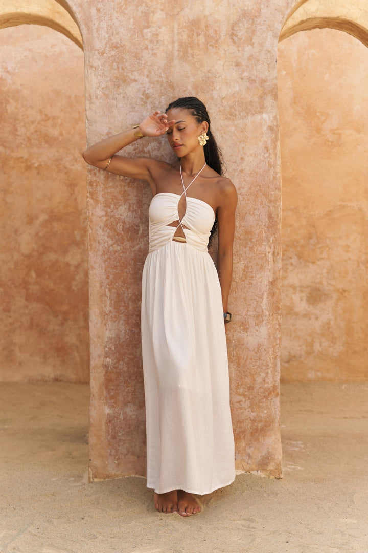 Dalia Linen Beading Detail Dress - Ecru