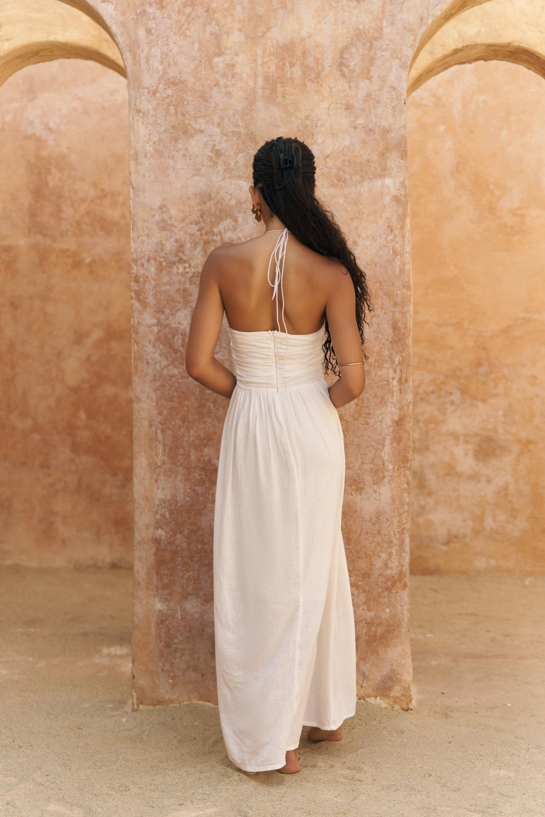 Dalia Linen Beading Detail Dress - Ecru