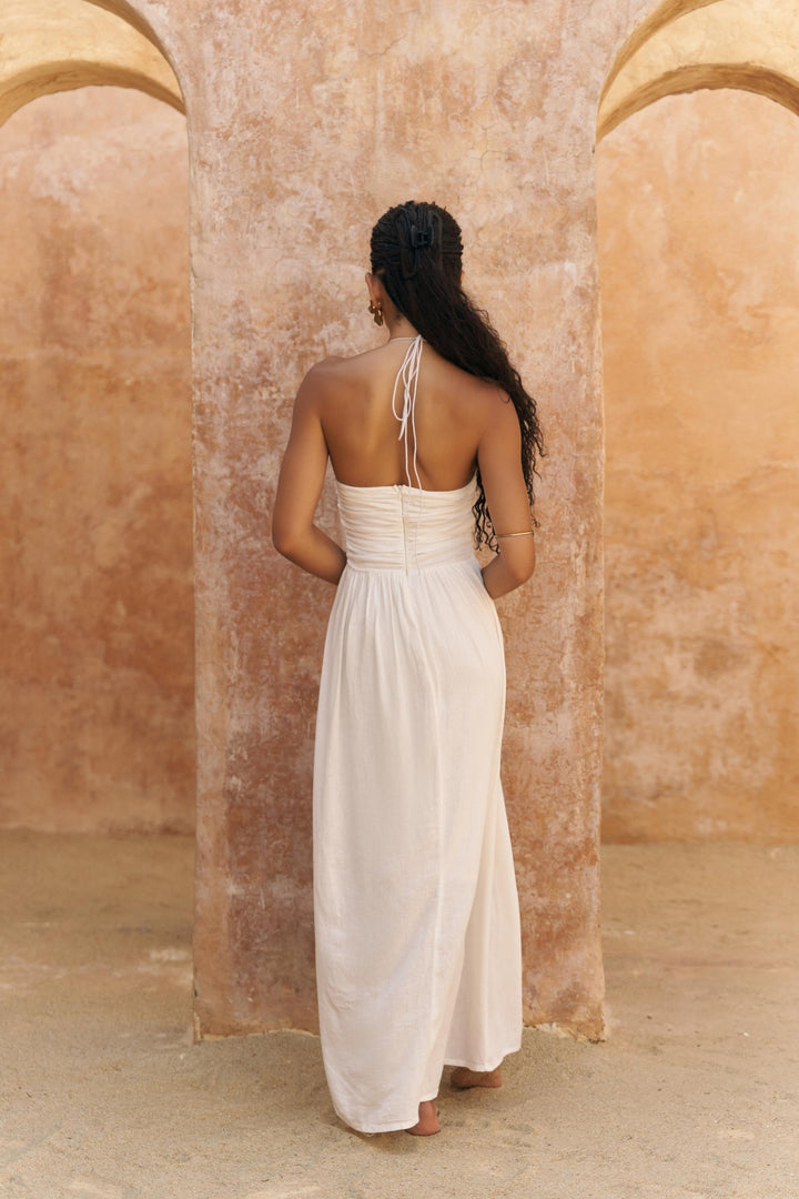 Dalia Linen Beading Detail Dress - Ecru
