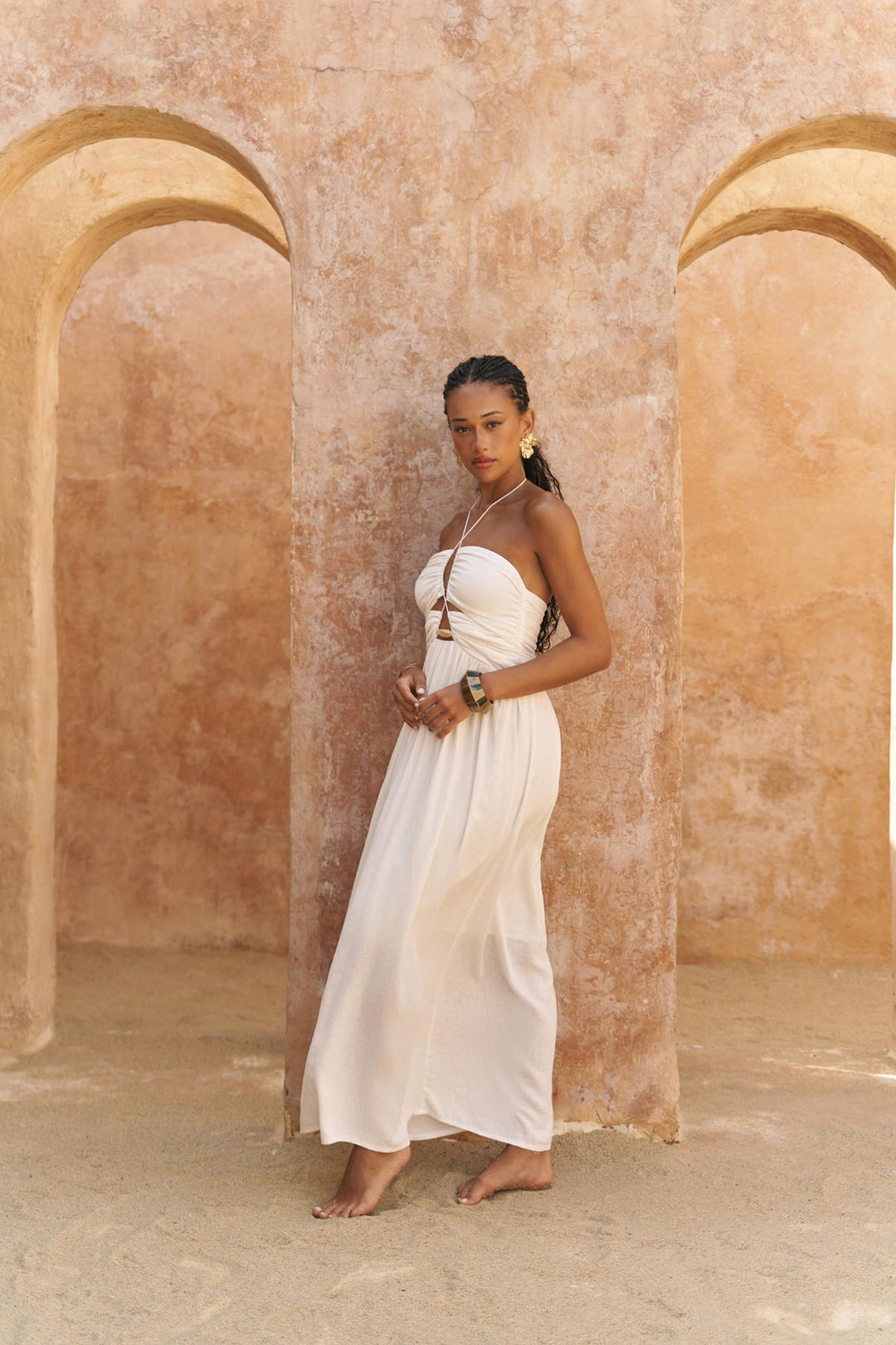 Dalia Linen Beading Detail Dress - Ecru
