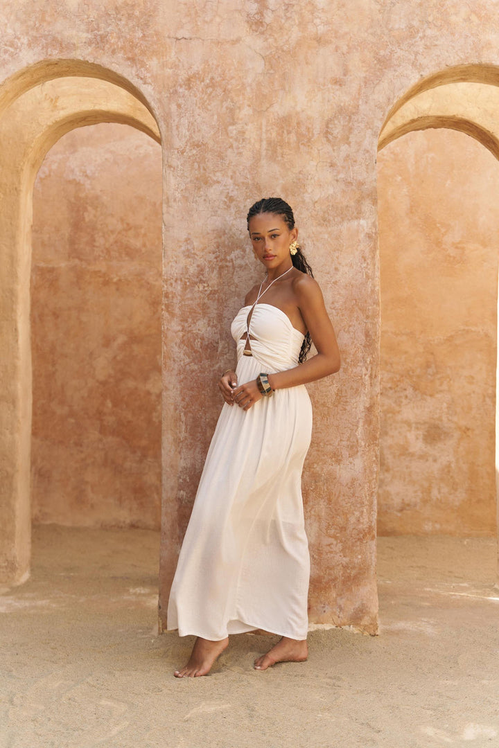 Dalia Linen Beading Detail Dress - Ecru