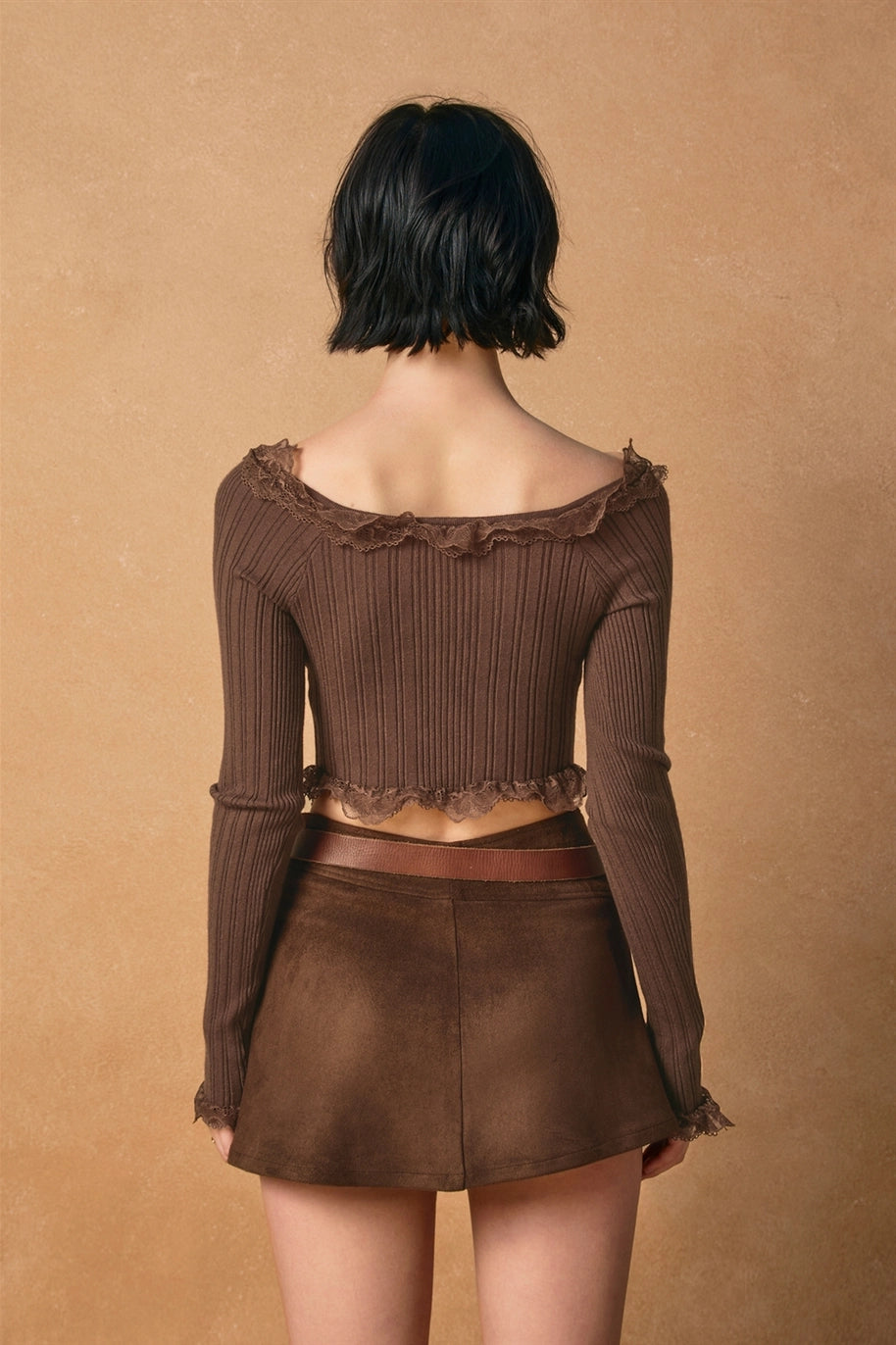 Windward Lace Trim Button Down Knit Top
