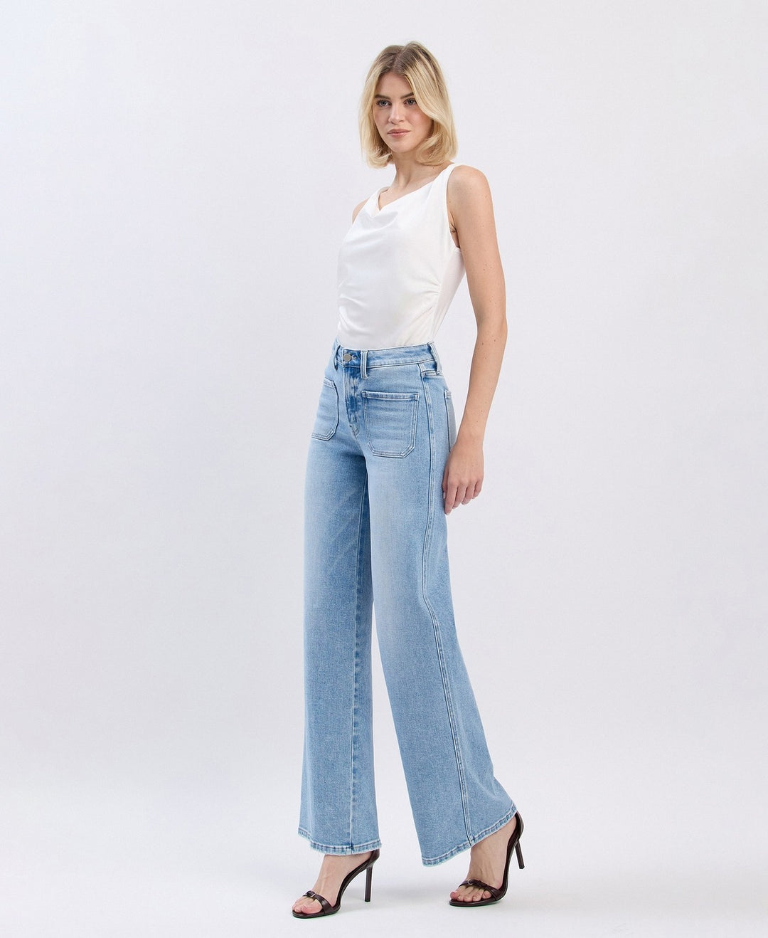 High Rise Patch Pocket Wide Leg Jeans - Flying Monkey