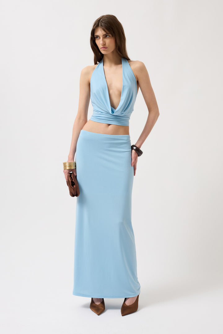 Draped Collar Crop Blouse - Blue